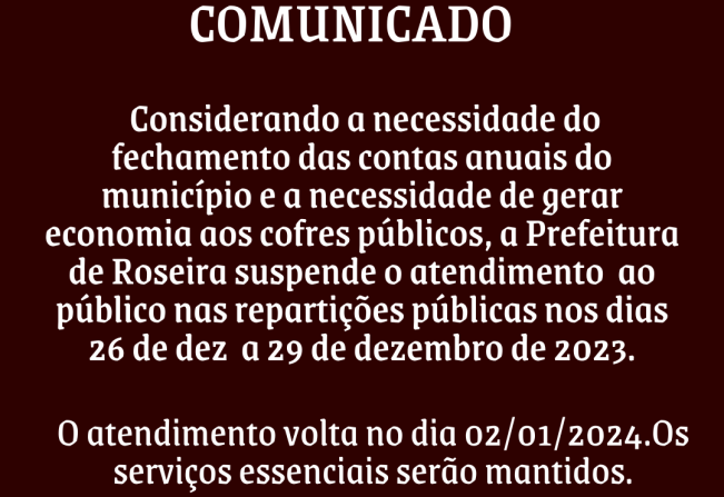 Prefeitura suspende atendimento ao público nos dias 26 a 29 dez